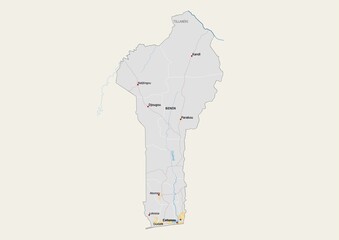Isolated map of Benin with capital, national borders, important cities, rivers,lakes. Detailed map of Benin suitable for large size prints and digital editing.