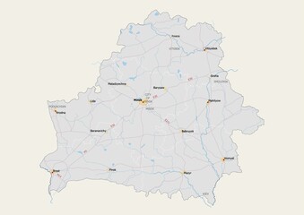 Isolated map of Belarus with capital, national borders, important cities, rivers,lakes. Detailed map of Belarus suitable for large size prints and digital editing.