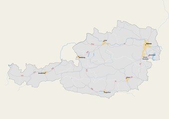 Isolated map of Austria with capital, national borders, important cities, rivers,lakes. Detailed map of Austria suitable for large size prints and digital editing.