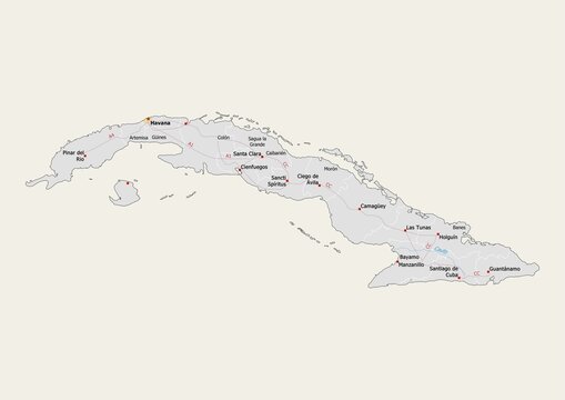 Isolated map of Cuba with capital, national borders, important cities, rivers,lakes. Detailed map of Cuba suitable for large size prints and digital editing.