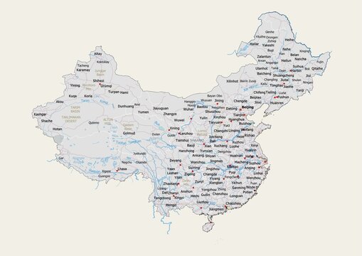 Isolated map of China with capital, national borders, important cities, rivers,lakes. Detailed map of China suitable for large size prints and digital editing.