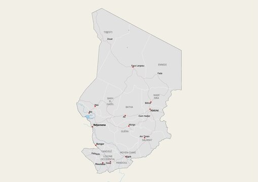 Isolated map of Chad with capital, national borders, important cities, rivers,lakes. Detailed map of Chad suitable for large size prints and digital editing.