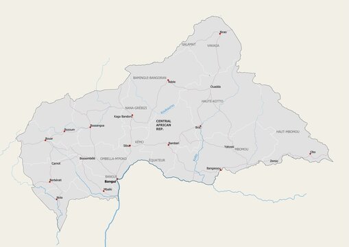 Isolated map of Central African Republic with capital, national borders, important cities, rivers,lakes. Detailed map of Central African Republic suitable for large size prints and digital editing.