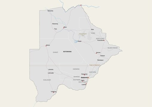 Isolated map of Botswana with capital, national borders, important cities, rivers,lakes. Detailed map of Botswana suitable for large size prints and digital editing.