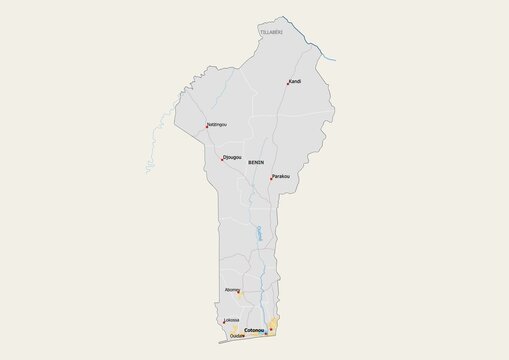Isolated map of Benin with capital, national borders, important cities, rivers,lakes. Detailed map of Benin suitable for large size prints and digital editing.
