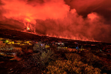 Erupting volcano, cumbre vieja, la Palma at night in December