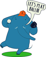 Baseball player elephant themed vector print design for kids. Can be used for baby t-shirt print, fashion print design, kids wear, baby shower, celebration, greeting and invitation.