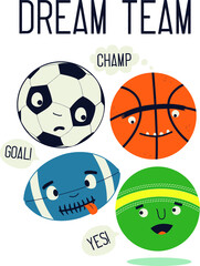 Different sports themed vector print design for kids. Can be used for baby t-shirt print, fashion print design, kids wear, baby shower, celebration, greeting and invitation.