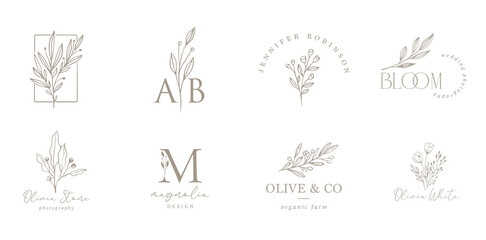 Elegant, botanique logo collection, hand drawn illustrations of flowers, leaves and twig, delicate and minimal monogram design