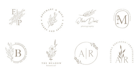 Elegant, botanique logo collection, hand drawn illustrations of flowers, leaves and twig, delicate and minimal monogram design © Marina Zlochin