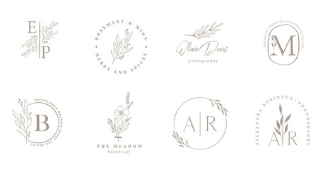 Elegant, botanique logo collection, hand drawn illustrations of flowers, leaves and twig, delicate and minimal monogram design