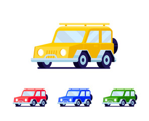 Jeep car vector illustration. Yellow, red, blue, green car flat design. Crossover 4x4. Isolated design. 