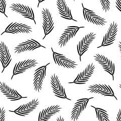 Seamless pattern with black palm leaves on a white background. 