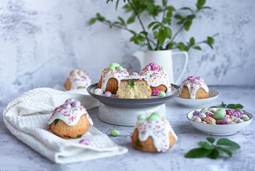 Easter cakes for children: candied fruit muffins covered with icing sugar and decorated with candy on a light concrete background. Horizontal photo.
