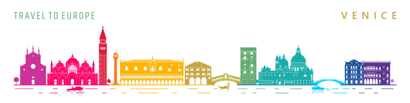 Colorful silhouettes of Venice city landmarks poster design, travel