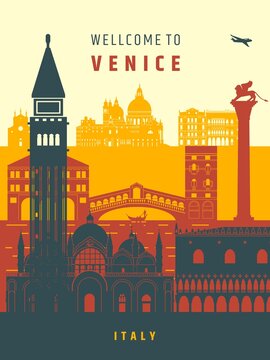 Touristic city landmarks poster design sunset vector illustration. Venice city skyline vertical banner.