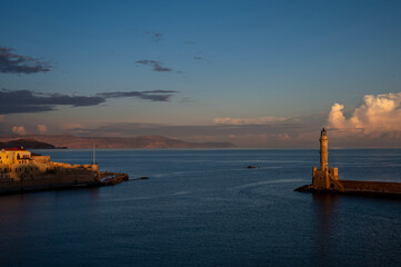 sunrise over the sea in the Venetian port in Chania