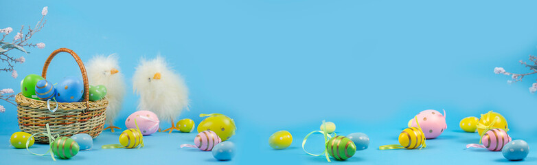 Easter Bunnies. Easter background. Happy Easter card. . Easter bunnies on a blue background