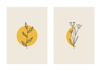 Boho wall art posters with moon floral branches. Minimal trendy style. Pastel colors. Design for wallpaper, wall decor, print, background, card, social media. Vector illustration.
