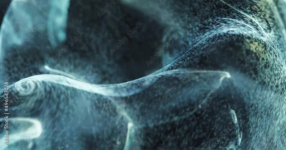Poster flowing blue particles wave pattern in motion on black background. abstract technology or science th