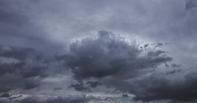 Storm clouds timelapse. Realistic dark clouds, sky time-lapse with powerful wind, weather. overcast, dramatic force of nature and dark environment. Severe weather background. 4K loop