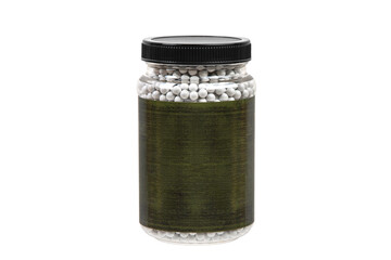 A can of white plastic balls for firing airguns. Air soft ammunition. Isolate on a white back.