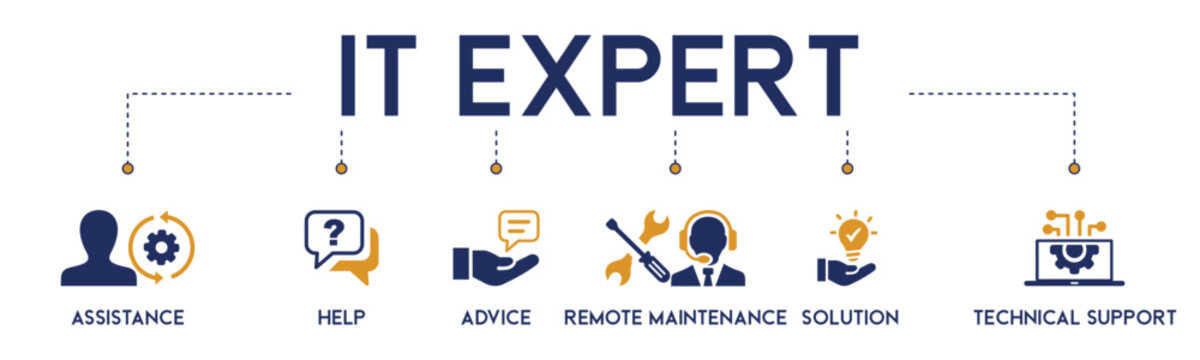 Banner of IT Expert, Information Technology Advice, Services or technical support - vector illustration concept with icon of  assistance, help, advice, remote maintenance, solution and tech support.
