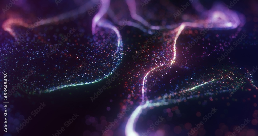 Poster abstract dynamic wave of particles and fluid formation on dark background. wave of bright particles.