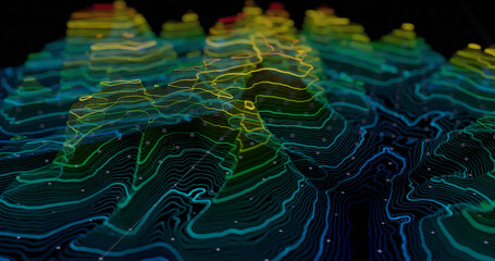 3D Topographic line contour map background. Lines contour map of a mountainous landscape. Geography concept.  - 496548448