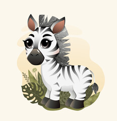 Fototapeta na wymiar cute little cartoon zebra with vegetation elements