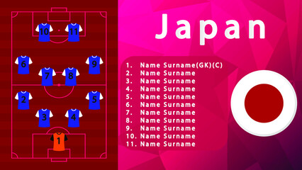Japan National Football Team Formation on Football Field.Japan Football line-up on Pitch.Soccer tournamet Vector country flags.Vector design.Team formation.Starting lineup.Tactic.Soccer.Football 