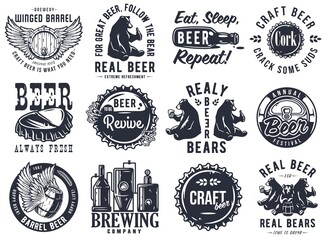 Fototapeta premium Craft beer brewery emblem set with hops seed, bavarian hat and bear with mug of beer