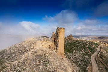 In the first lights of day panoramic view of Zerzevan Castle and Mithras Temple. Çinar,...