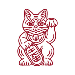 Maneki neko Japanese cat line ink vector illustration