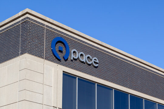 Chicago, Illinois, USA - March 27, 2022: Pace sign on the building in Chicago. Pace is the suburban bus and regional paratransit division of the Regional Transportation Authority in the Chicago area.