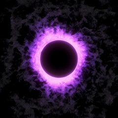 Sun Eclipse with Purple Fire on black Background. Space and Science concept. Abstract smoke and flame purple circle. Round circular light frame.