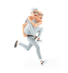 3d senior man running with woman on back