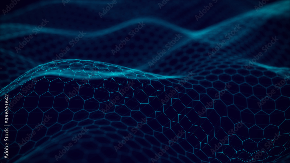 Poster Dynamic particles wave. Blue hexagons on black background. Digital landscape. 3d rendering. Futuristic hexagon illustration. HUD element.