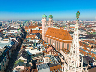Aerial view on Marienplatz town hall and Frauenkirche in Munich, Germany