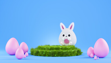 Funny Easter bunny, Easter eggs and podium, 3d render. Happy Easter banner, copy space. Concept of Easter egg hunting.