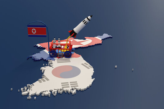 Launch of a ballistic nuclear missile. North Korean flag map.nuclear test missile.
3d rendering.
