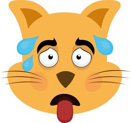 Vector illustration of the face of a cartoon cat with an exhausted expression, with his tongue hanging out and drops of sweat falling from his head