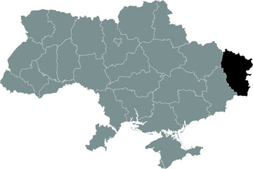 Fototapeta na wymiar Black flat blank highlighted locator map of the Ukrainian administrative area of LUHANSK OBLAST inside gray flat map of UKRAINE