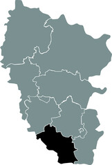 Black flat blank highlighted location map of the ROVENKY RAION inside gray raions map of the Ukrainian administrative area of Luhansk Oblast, Ukraine