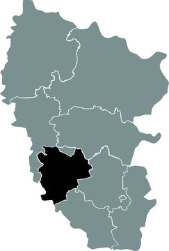 Black flat blank highlighted location map of the ALCHEVSK RAION inside gray raions map of the Ukrainian administrative area of Luhansk Oblast, Ukraine