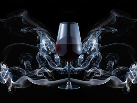 Closeup of a red wine glass in front of a smoke installation