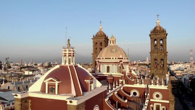 Cathedral de Puebla aerial drone shot of Central Iglesia in Puebla de Zaragoza, Mexico, Zocalo square