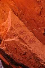 Handprints rock art on a sandstone ledge near the House on Fire ruins, South Fork of the Mule Canyon, Cedar Mesa, Bears Ears National Monument, southeastern Utah, Southwest USA