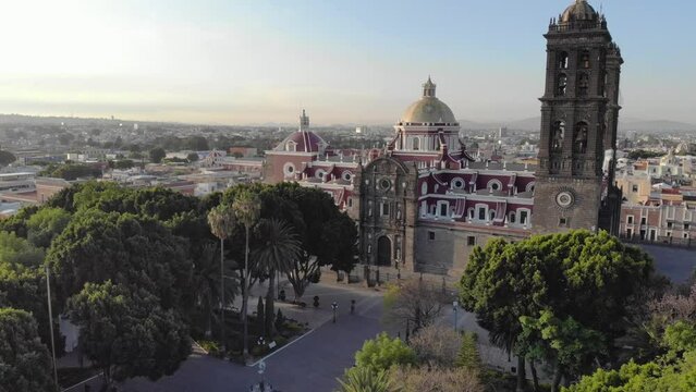 Cathedral de Puebla aerial drone shot of Central Iglesia in Puebla de Zaragoza, Mexico, Zocalo square