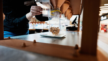 Delicious freshly backed and roasted nuts and seeds. Healthy vegan and vegetarian food shop concept.